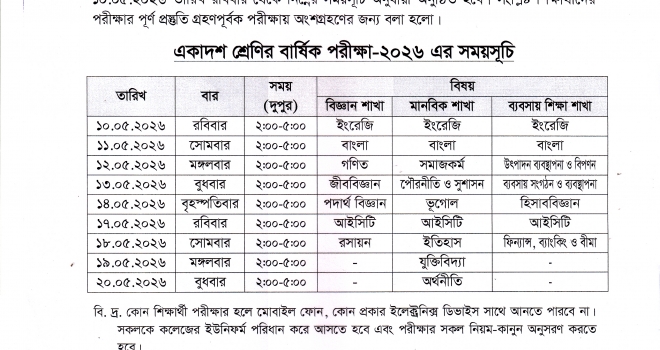 একাদশ শ্রেণির বার্ষিক পরীক্ষা- ২০২৬ এর সময়সূচি