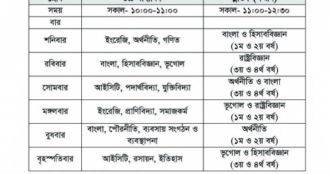 অনলাইন ক্লাস রুটিন – 2020