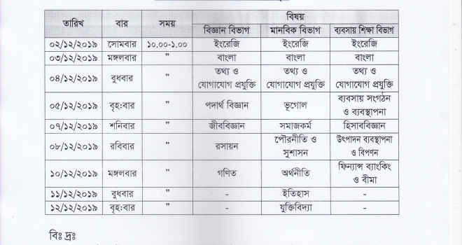 একাদশ শ্রেণির অর্ধ-বার্ষিক পরীক্ষা ২০১৯ এর সংশোধিত সময়সূচী