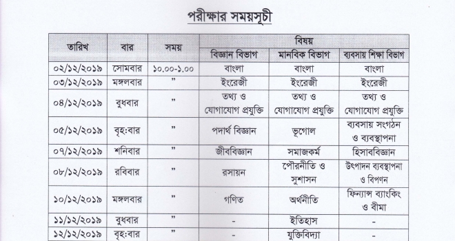 একাদশ শ্রেণির অর্ধ-বার্ষিক পরীক্ষা ২০১৯ এর রুটিন (শিক্ষাবর্ষ: ২০১৯-২০২০)। পরীক্ষা শুরু আগামী ২ ডিসেম্বর ২০১৯