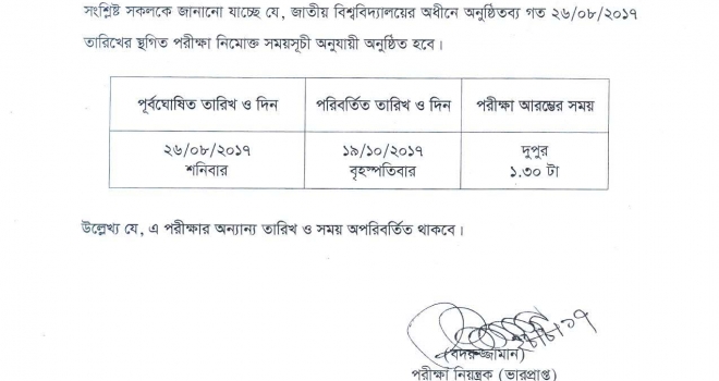 ২০১৬ সালের অনার্স ৪র্থ বর্ষ পরীক্ষার সংশোধিত সময়সূচি (২৮-০৮-২০১৭)