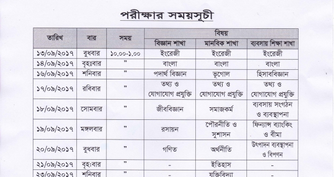 দ্বাদশ শ্রেণির প্রাক-নির্বাচনি পরীক্ষা ২০১৭ এর সময়সূচী