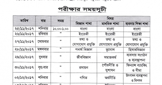একাদশ শ্রেণির অর্ধ-বার্ষিক পরীক্ষা 2017 এর রুটিন