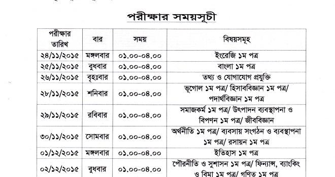 একাদশ শ্রেণির অর্ধ বার্ষিক পরীক্ষা – ২০১৫  এর সময়সূচি