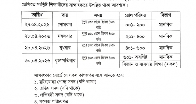 একাদশ শ্রেণির উপবৃত্তির জন্য সাক্ষাৎকার অনুষ্ঠান সংক্রান্ত বিজ্ঞপ্তি